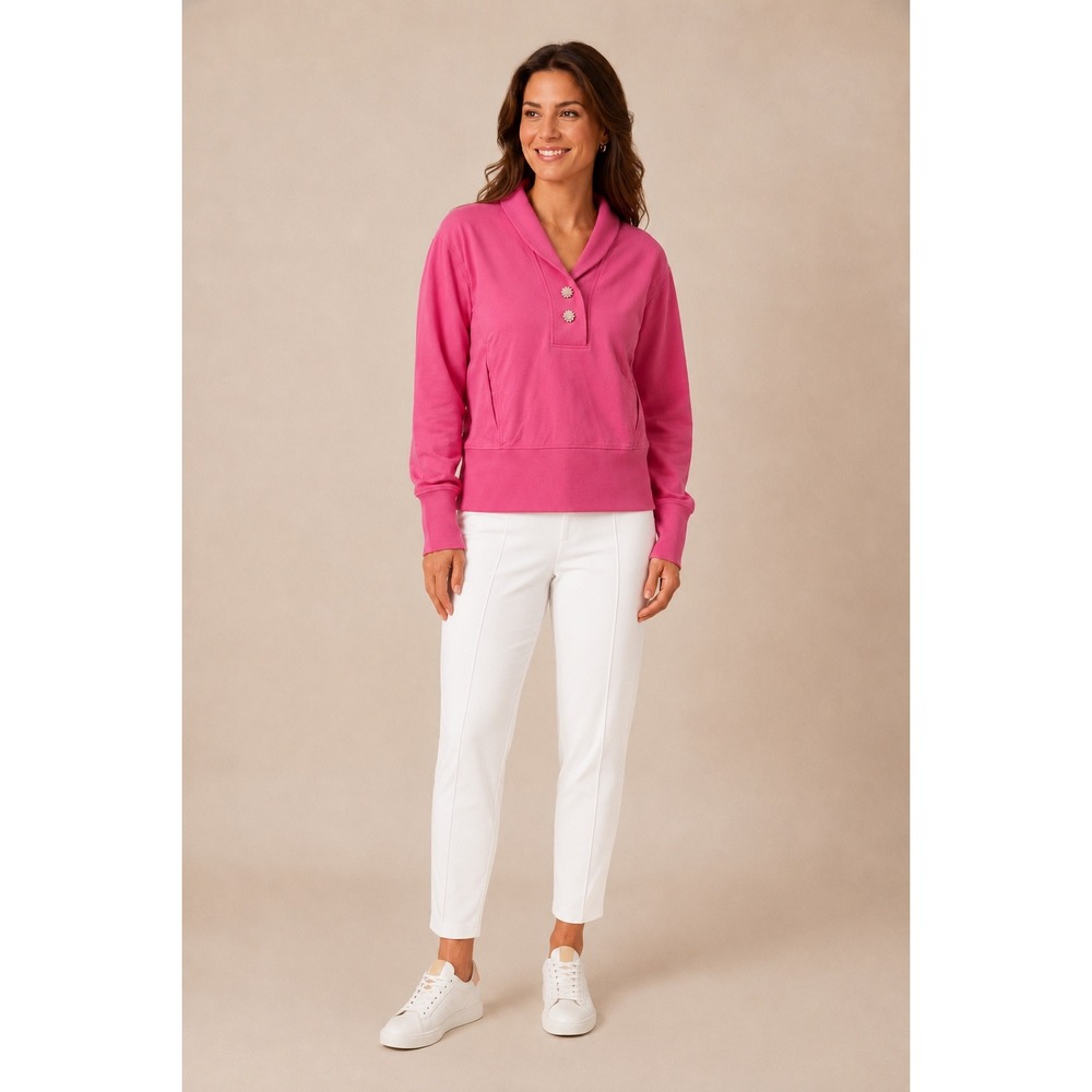 Sundays Anita Pink French Terry Pullover M Rhinestone Button Shawl Collar